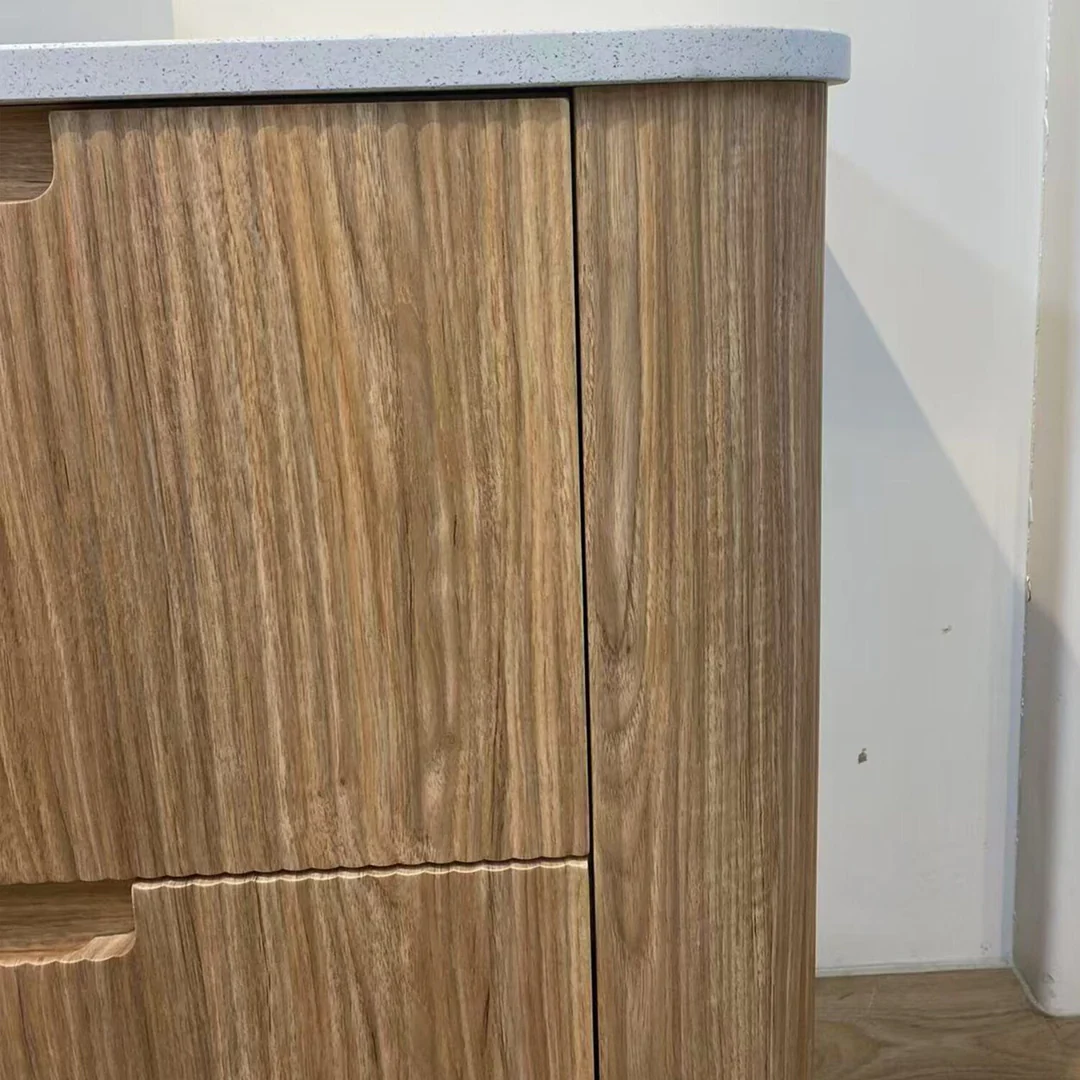 Aulic Varcelli Floor Standing Harvest Oak Fluted Curved Cabinet 1200X460X880mm With Snow Flat Stone Top - Image 5