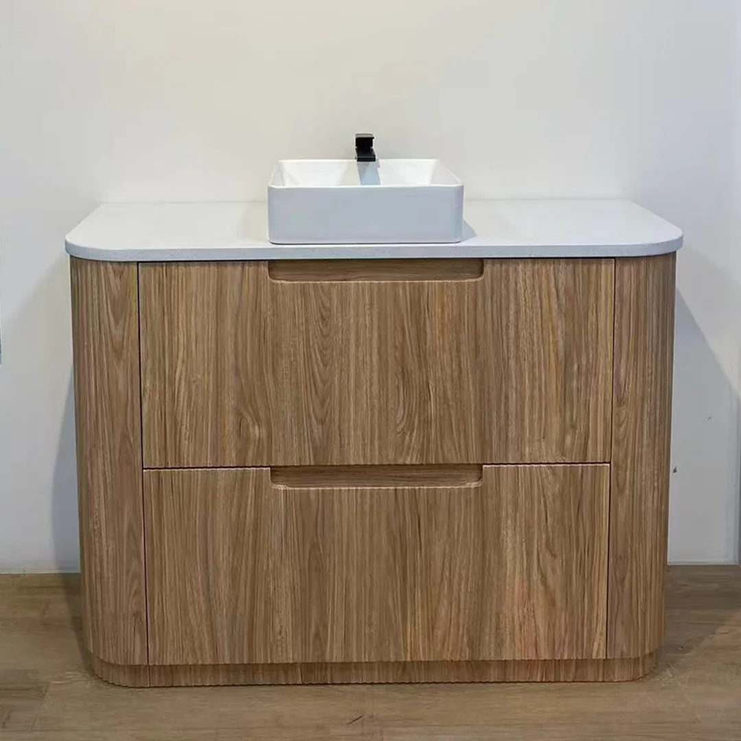 Aulic Varcelli Floor Standing Harvest Oak Fluted Curved Cabinet 900X460X880mm & Palis White Flat Stone Top - Image 4