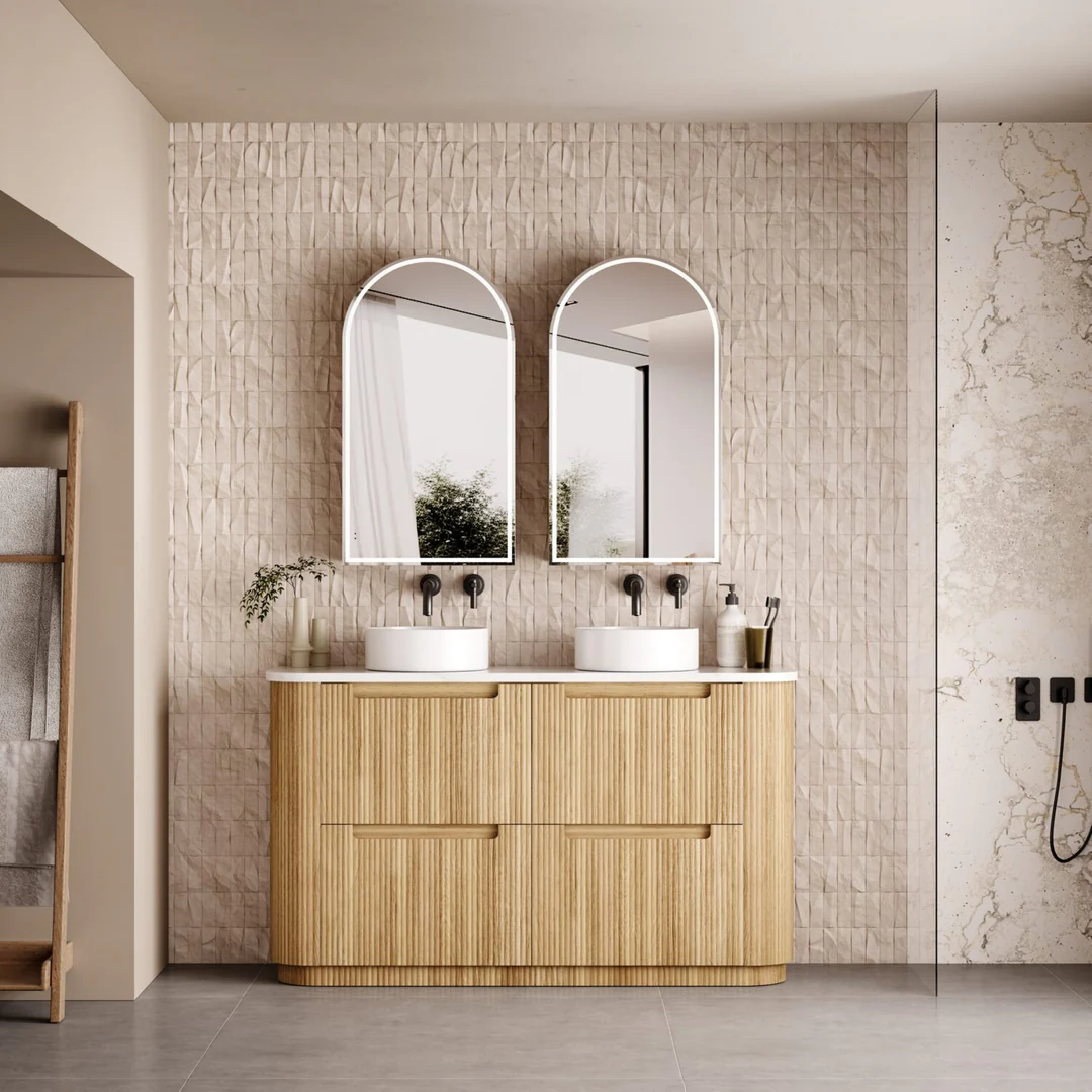 Aulic Varcelli Floor Standing Sgl Harvest Oak Fluted Curved Cabinet 1500X460X880mm & Alpine Flat Stone Top - Image 3