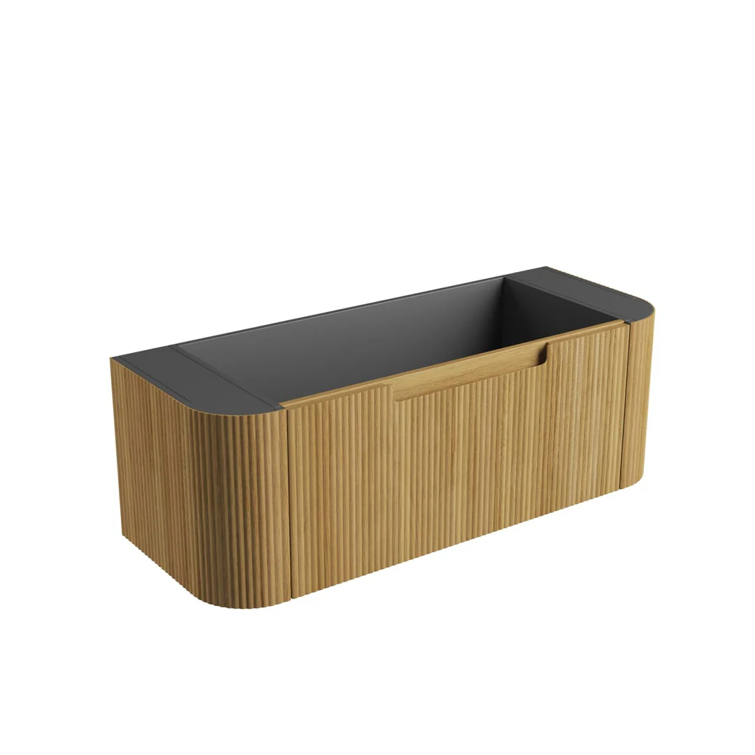 Aulic Varcelli Mono Wall Hung 1200mm Harvest Oak Fluted Curved Cabinet 1180X450X400mm