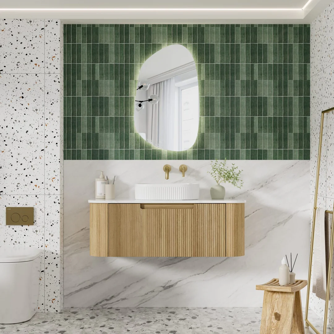Aulic Varcelli Mono Wall Hung 1200mm Harvest Oak Fluted Curved Cabinet 1180X450X400mm - Image 3