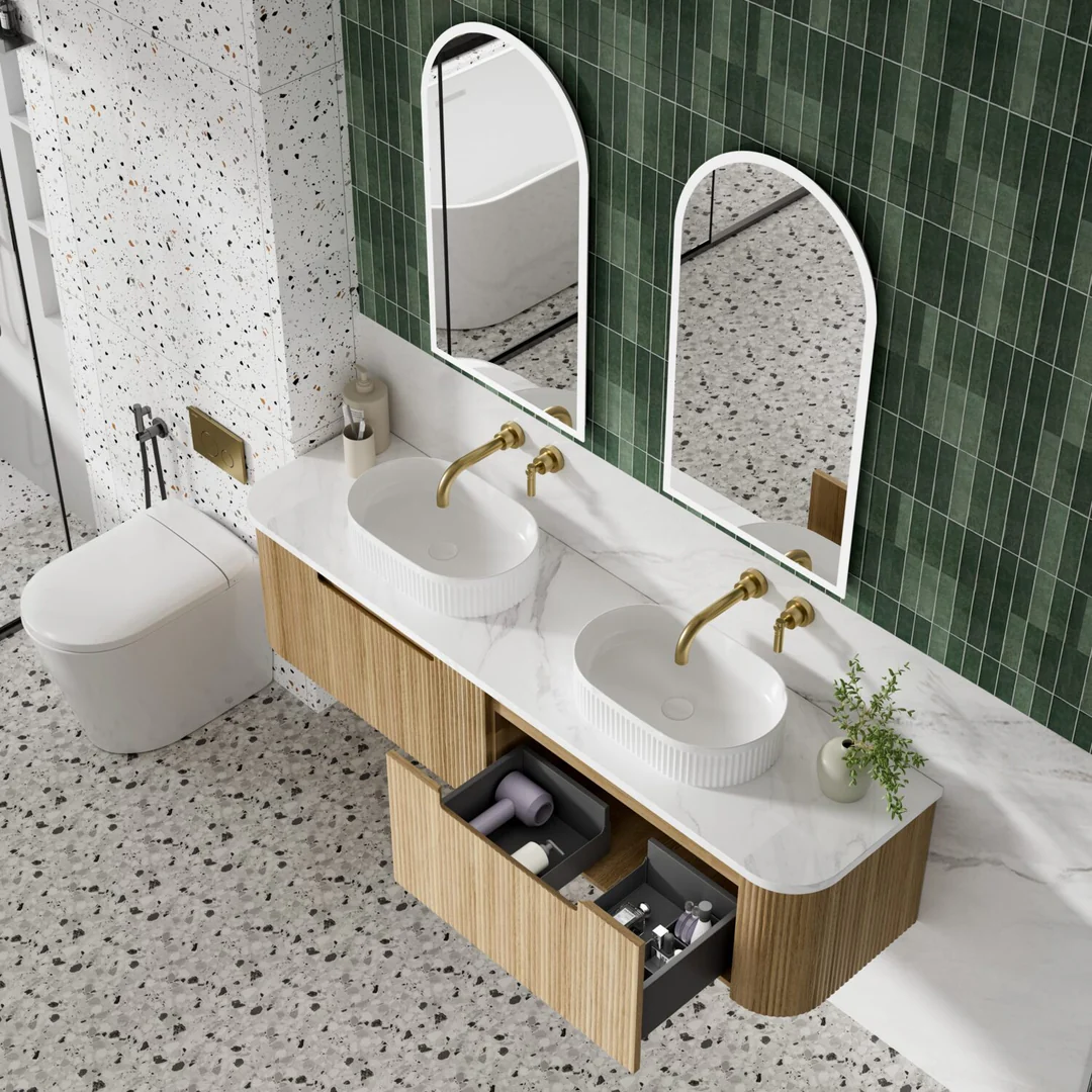 Aulic Varcelli Mono Wall Hung 1500mm Harvest Oak Fluted Curved Cabinet 1480X450X400mm - Image 5