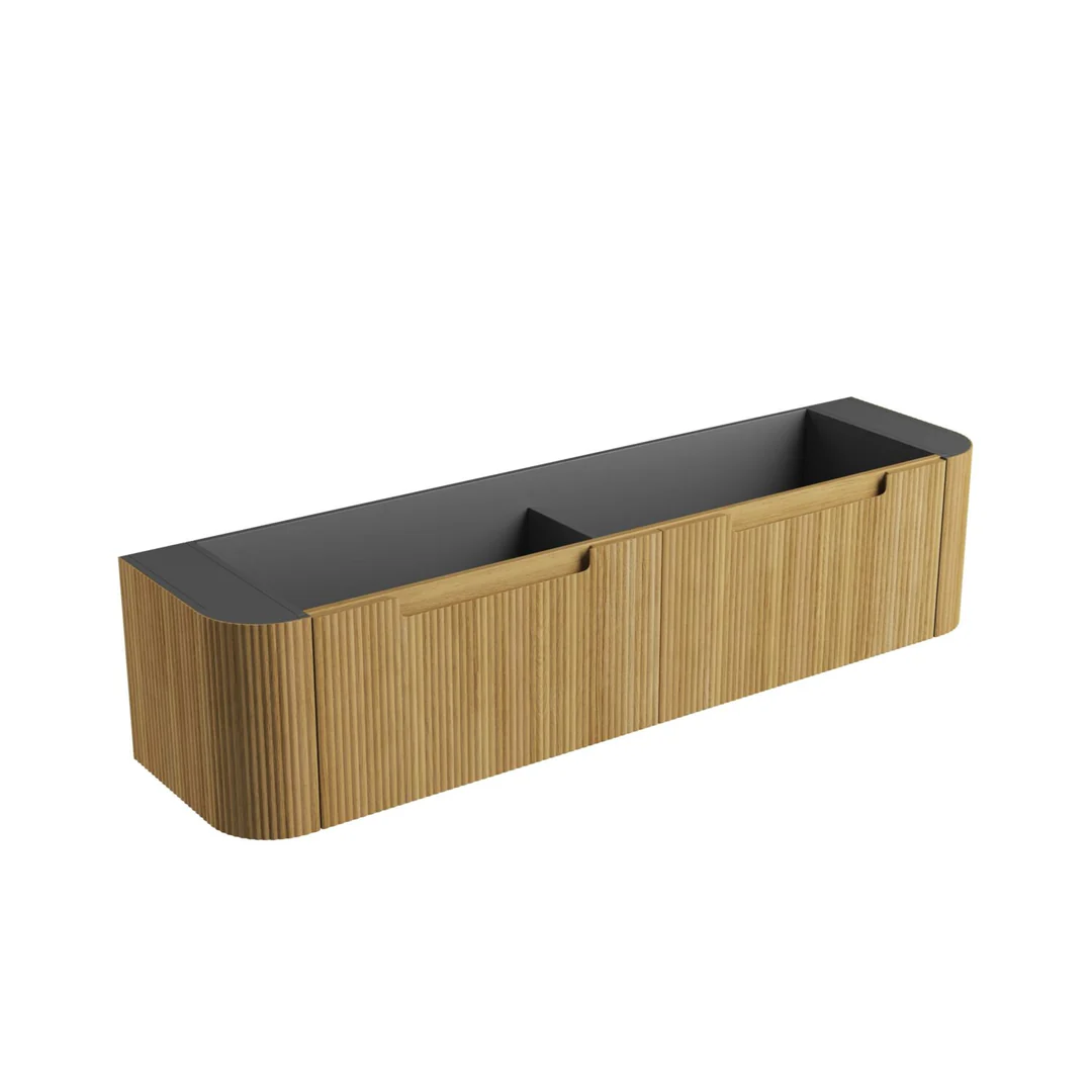 Aulic Varcelli Mono Wall Hung 1800mm Harvest Oak Fluted Curved Cabinet 1780X450X400mm