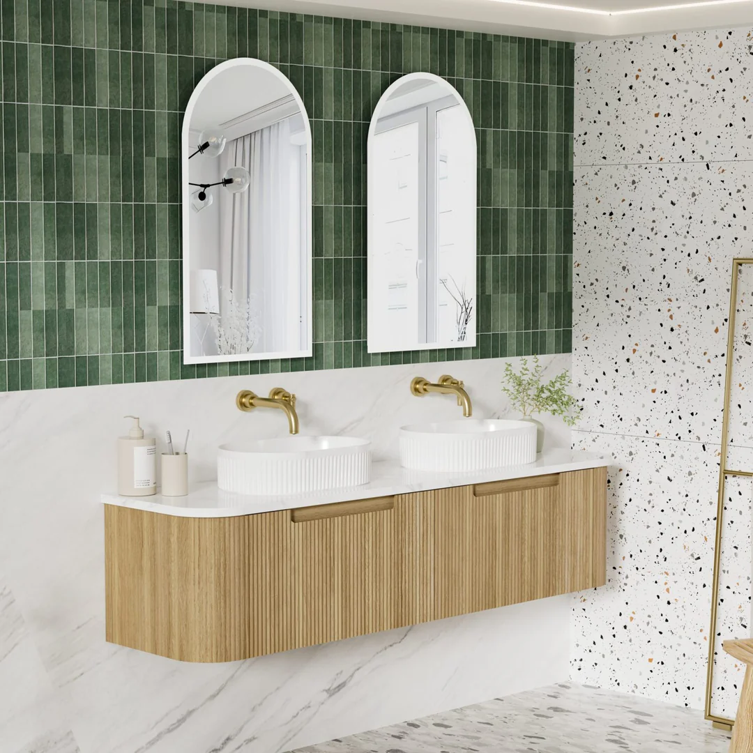 Aulic Varcelli Mono Wall Hung 1800mm Harvest Oak Fluted Curved Cabinet 1780X450X400mm - Image 3