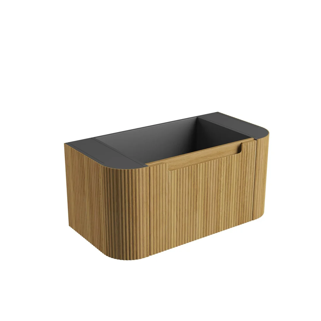 Aulic Varcelli Mono Wall Hung 900mm Harvest Oak Fluted Curved Cabinet 880X450X400mm