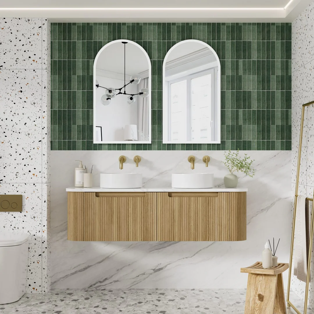 Aulic Varcelli Mono Wall Hung H/Oak Fluted Curved Cabinet 1500X460X425mm & Alpine Flat Stone Top - Image 3