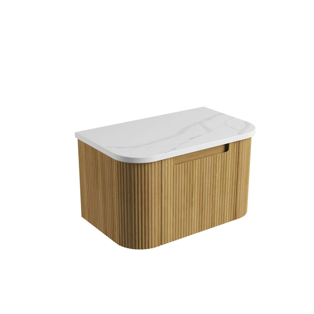 Aulic Varcelli Mono Wall Hung H/Oak Fluted Curved Cabinet 750X460X425mm & Palis White Flat Stone Top