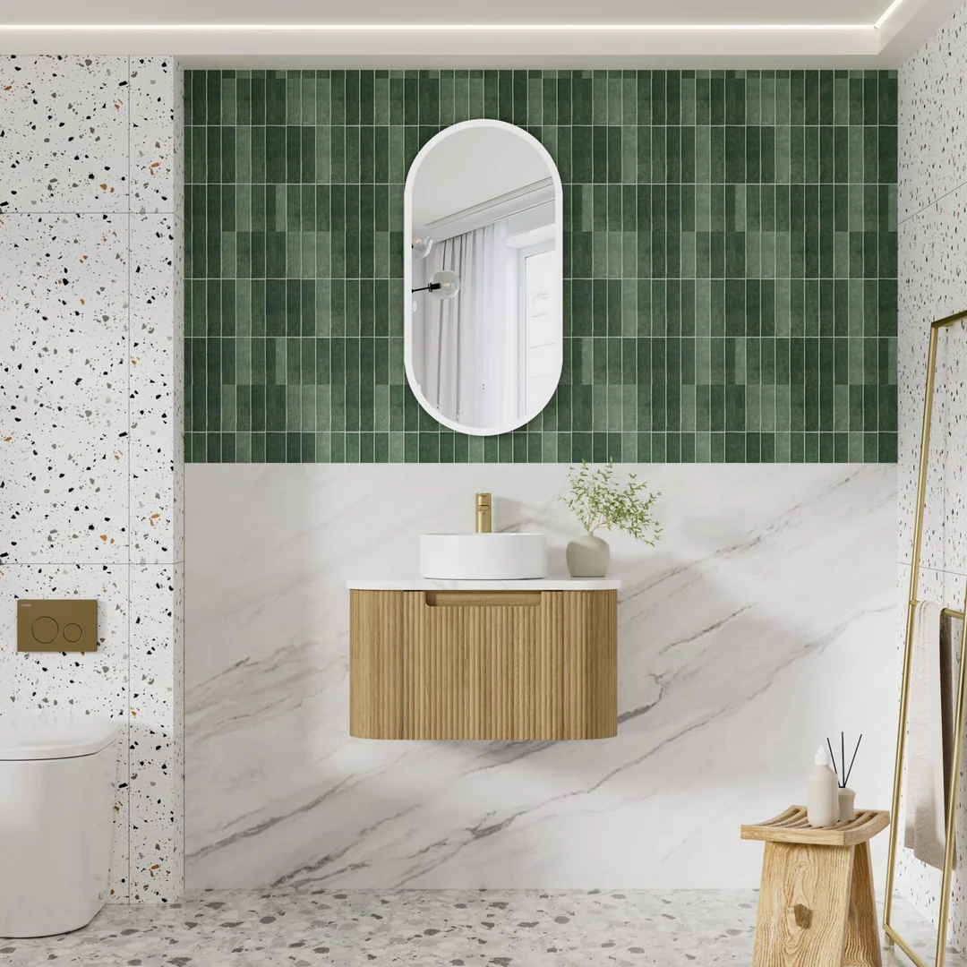 Aulic Varcelli Mono Wall Hung H/Oak Fluted Curved Cabinet 750X460X425mm & Palis White Flat Stone Top - Image 3