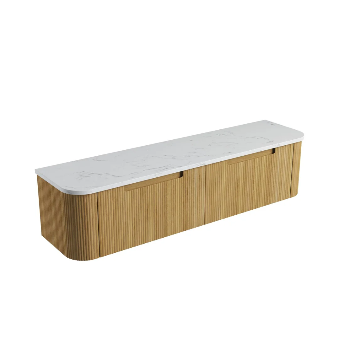 Aulic Varcelli Mono Wall Hung Harvest Oak Fluted Curved Cabinet 1800X460X425mm & Cato Flat Stone Top