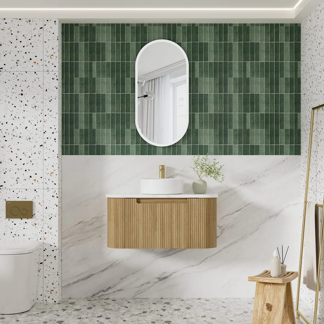 Aulic Varcelli Mono Wall Hung Harvest Oak Fluted Curved Cabinet 900X460X425mm & Cato Flat Stone Top - Image 3