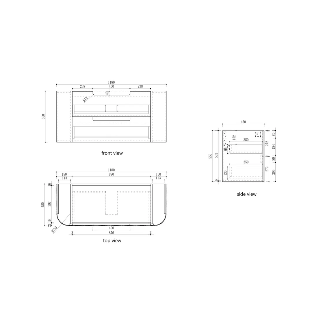 Aulic Varcelli Tier Wall Hung 1200mm Harvest Oak Fluted Curved Cabinet 1180X450X400mm - Image 2