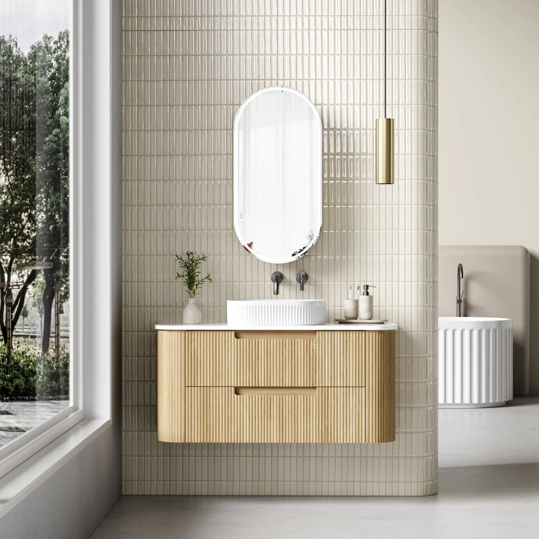 Aulic Varcelli Tier Wall Hung 1200mm Harvest Oak Fluted Curved Cabinet 1180X450X400mm - Image 3