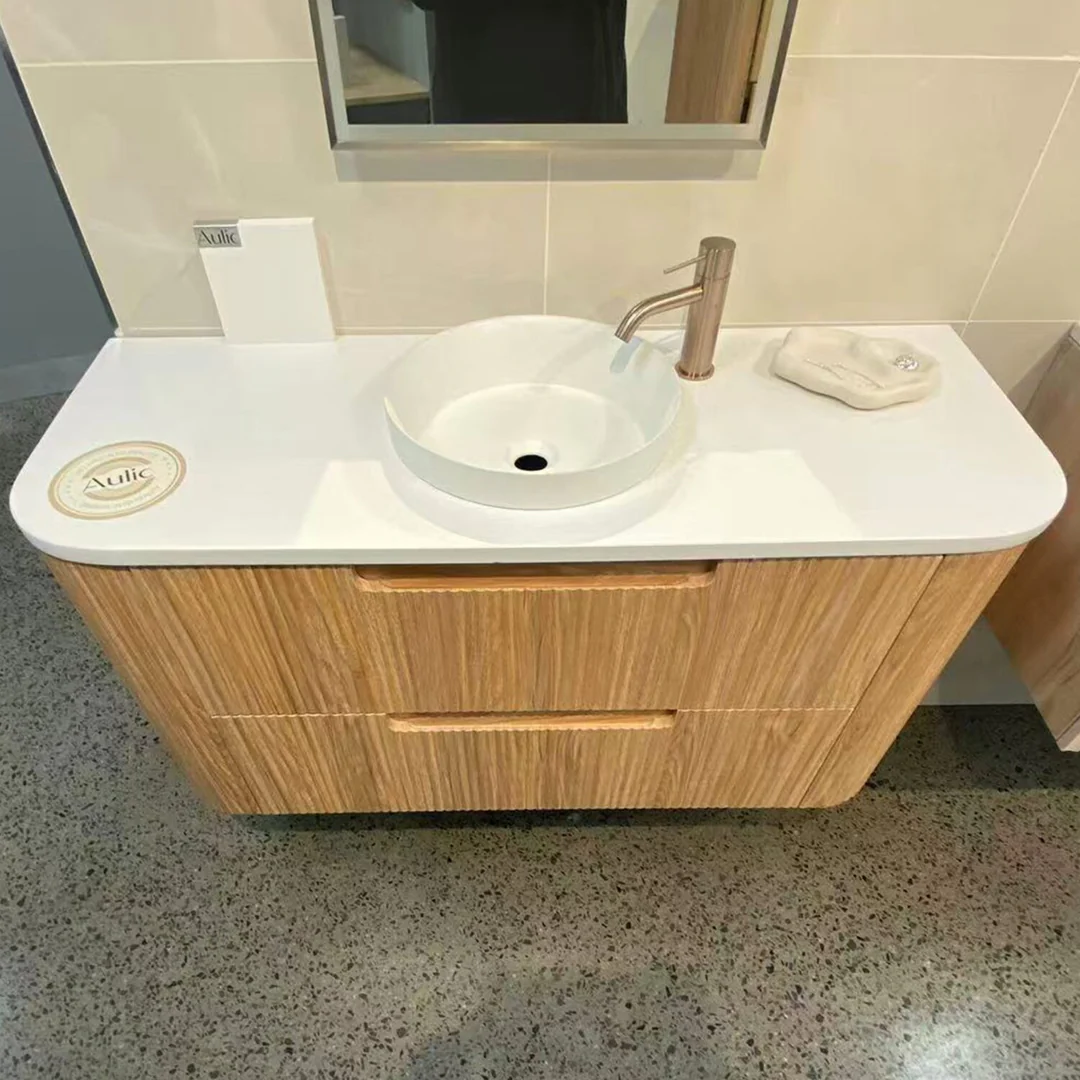 Aulic Varcelli Tier Wall Hung 1200mm Harvest Oak Fluted Curved Cabinet 1180X450X400mm - Image 4