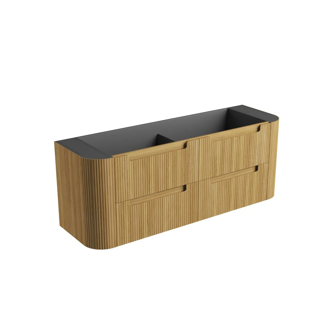 Aulic Varcelli Tier Wall Hung 1500mm Harvest Oak Fluted Curved Cabinet 1480X450X400mm