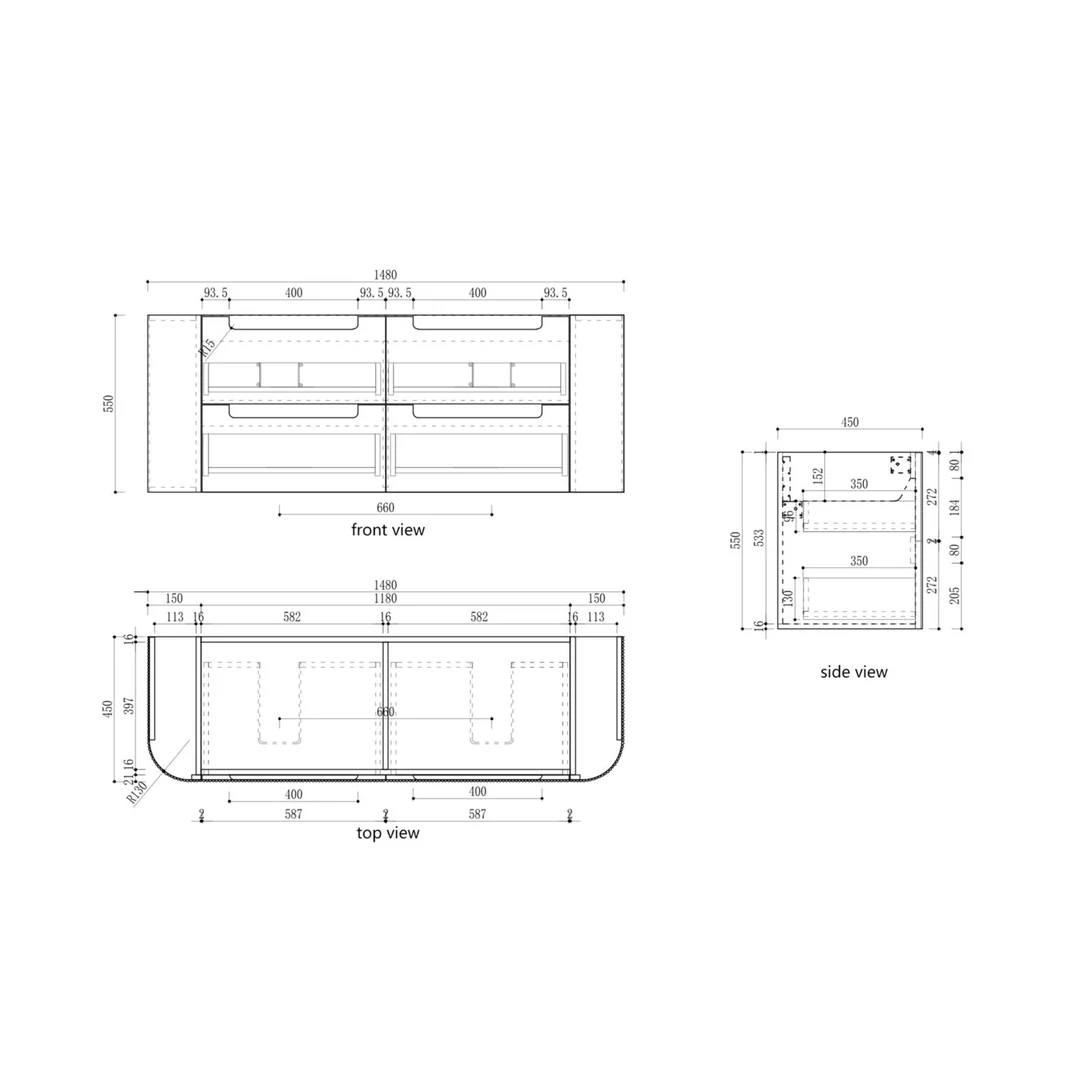 Aulic Varcelli Tier Wall Hung 1500mm Harvest Oak Fluted Curved Cabinet 1480X450X400mm - Image 2