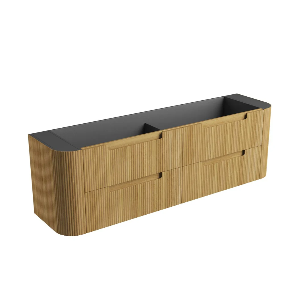 Aulic Varcelli Tier Wall Hung 1800mm Harvest Oak Fluted Curved Cabinet 1780X450X400mm