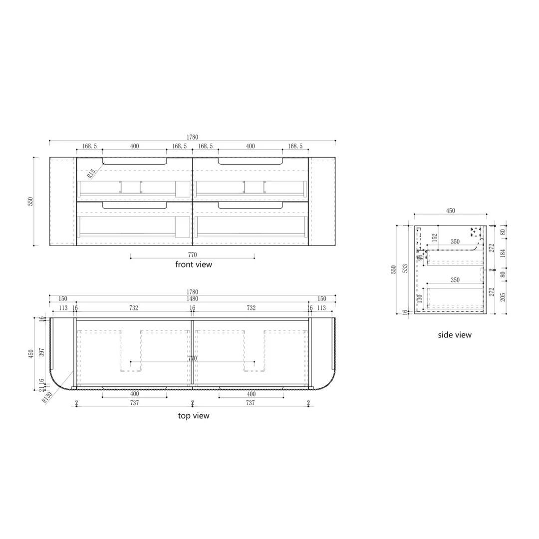 Aulic Varcelli Tier Wall Hung 1800mm Harvest Oak Fluted Curved Cabinet 1780X450X400mm - Image 2