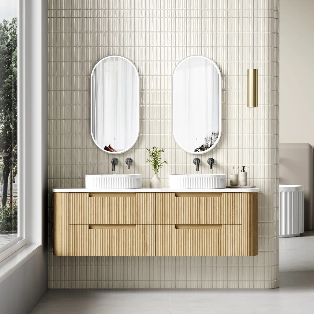 Aulic Varcelli Tier Wall Hung 1800mm Harvest Oak Fluted Curved Cabinet 1780X450X400mm - Image 3