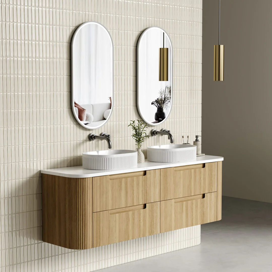 Aulic Varcelli Tier Wall Hung 1800mm Harvest Oak Fluted Curved Cabinet 1780X450X400mm - Image 4