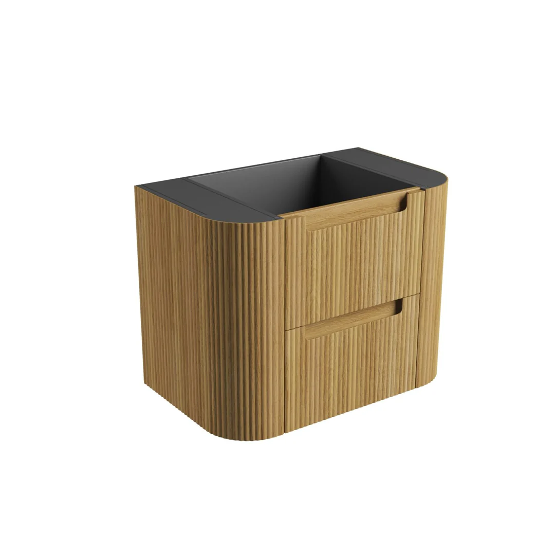 Aulic Varcelli Tier Wall Hung 750mm Harvest Oak Fluted Curved Cabinet 730X450X400mm