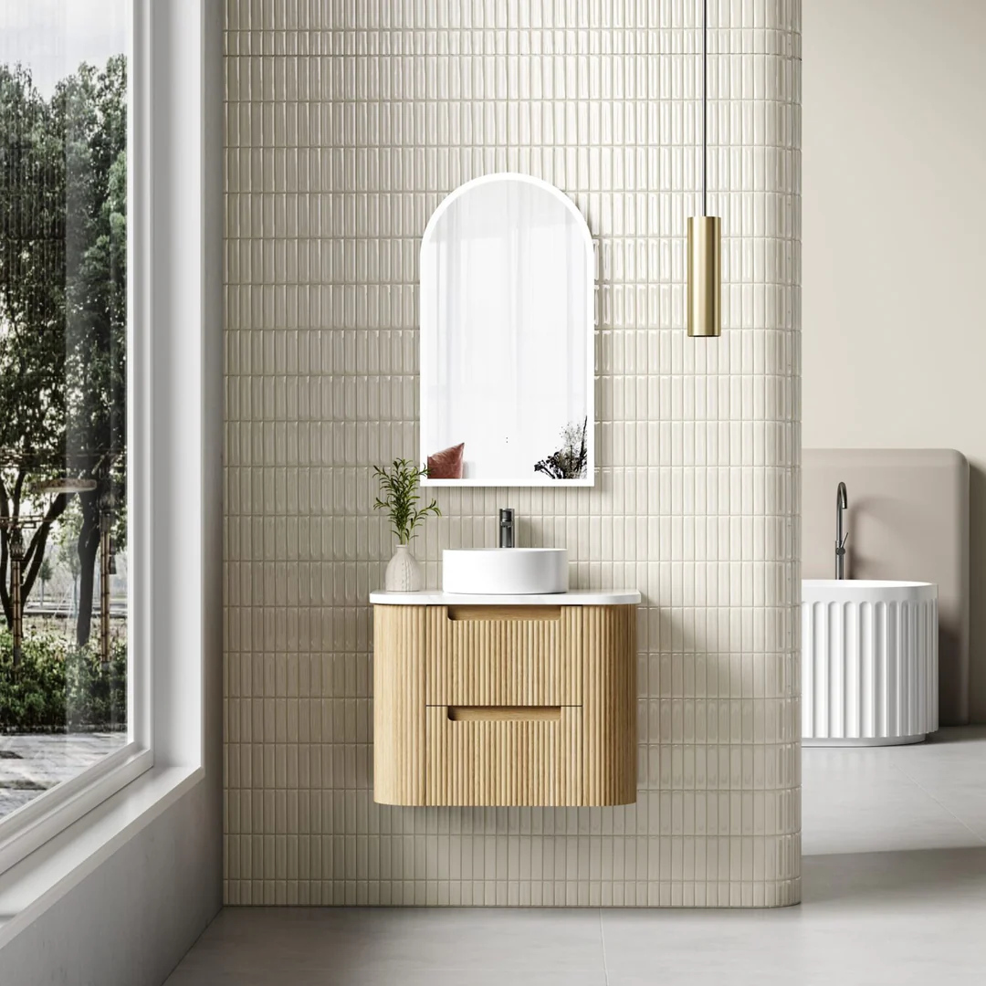 Aulic Varcelli Tier Wall Hung 750mm Harvest Oak Fluted Curved Cabinet 730X450X400mm - Image 3