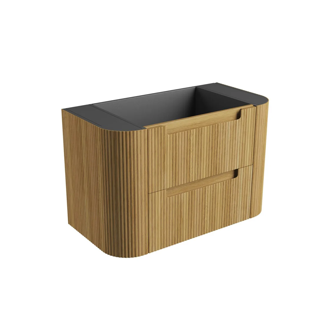Aulic Varcelli Tier Wall Hung 900mm Harvest Oak Fluted Curved Cabinet 880X450X400mm