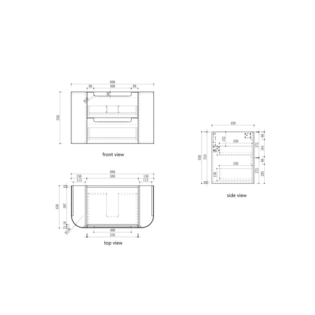 Aulic Varcelli Tier Wall Hung 900mm Harvest Oak Fluted Curved Cabinet 880X450X400mm - Image 2