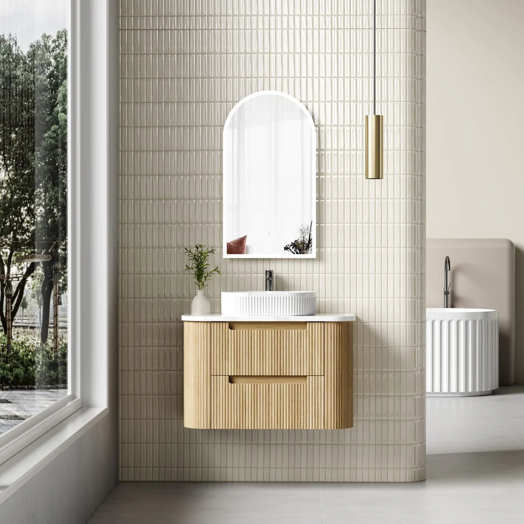 Aulic Varcelli Tier Wall Hung 900mm Harvest Oak Fluted Curved Cabinet 880X450X400mm - Image 3