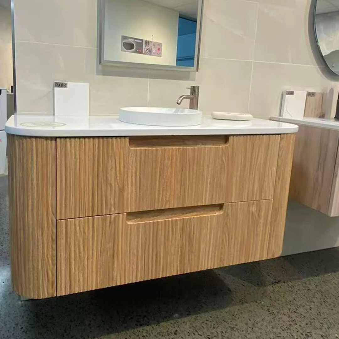 Aulic Varcelli Tier Wall Hung 900mm Harvest Oak Fluted Curved Cabinet 880X450X400mm - Image 4