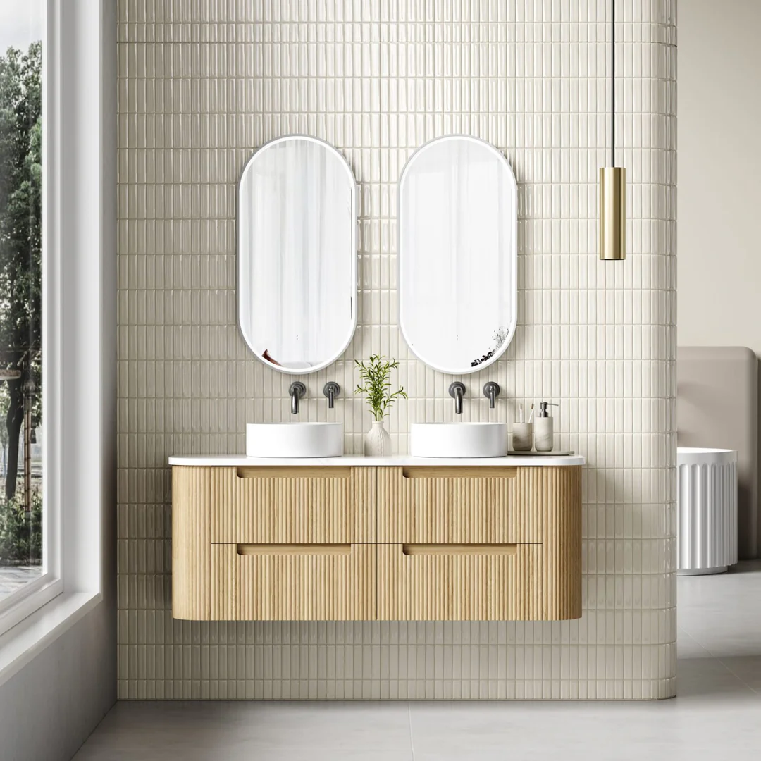 Aulic Varcelli Tier Wall Hung Harvest Oak Fluted Curved Cabinet 1500X460X425mm & Pure Flat Stone Top - Image 3