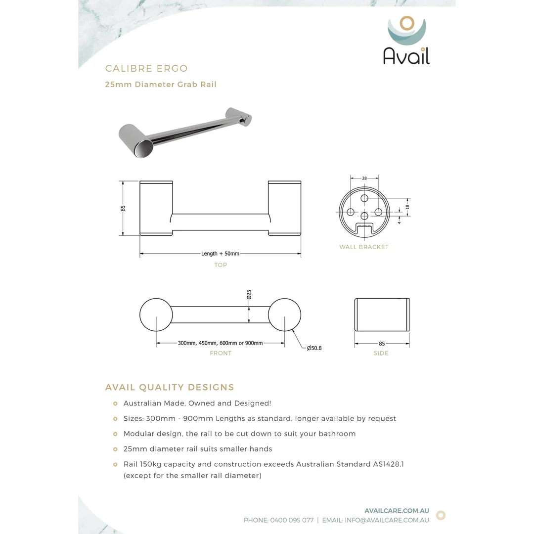 Availcare Calibre Ergo Rail 600mm Chrome - Image 4