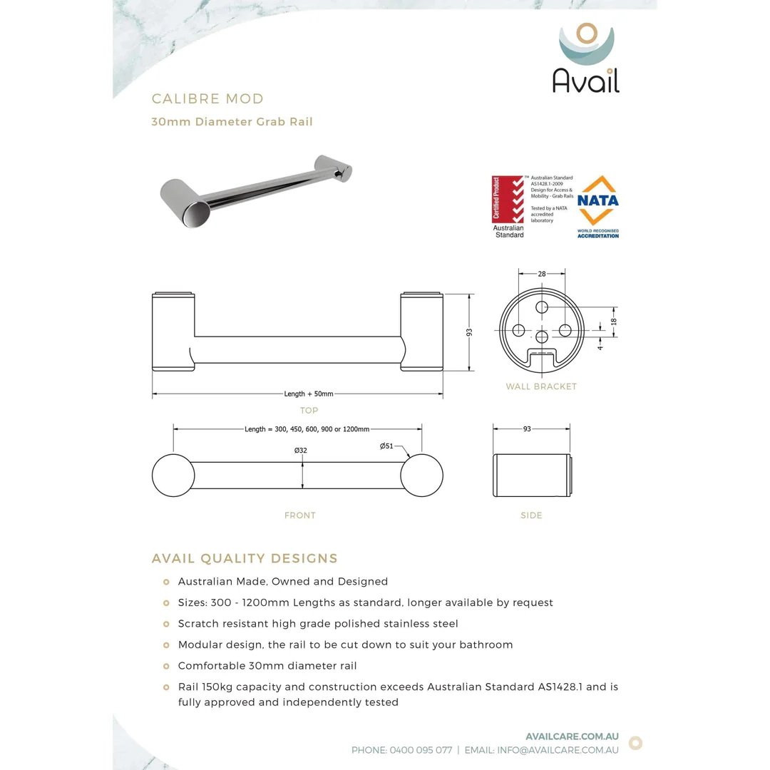 Availcare Calibre Mod Rail 900mm Chrome - Image 4