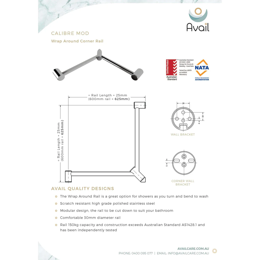 Availcare Calibre Mod Wrap Around Corner Rail 600X600 Chrome - Image 4