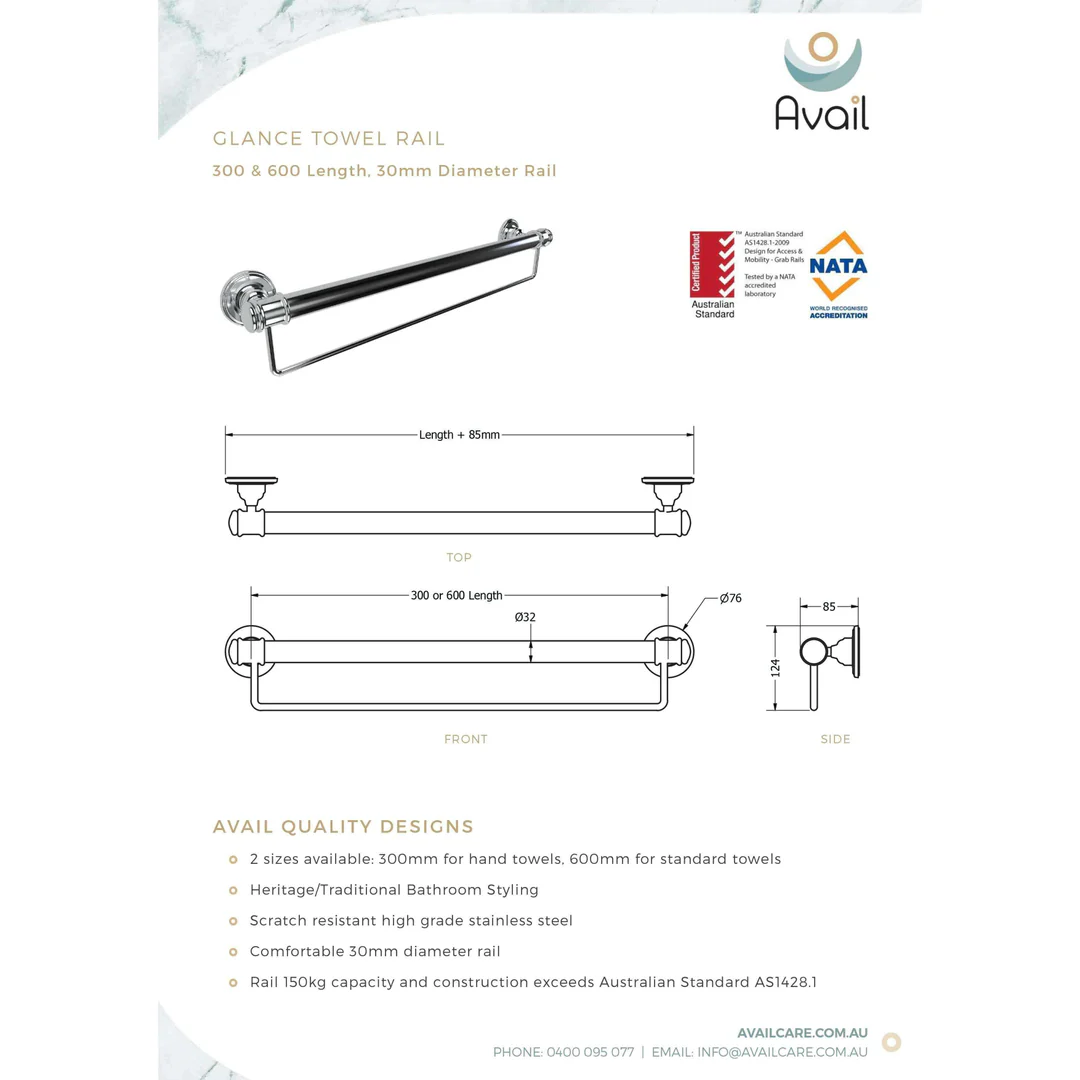 Availcare Glance 600mm Standard Towel Rail Chrome - Image 4