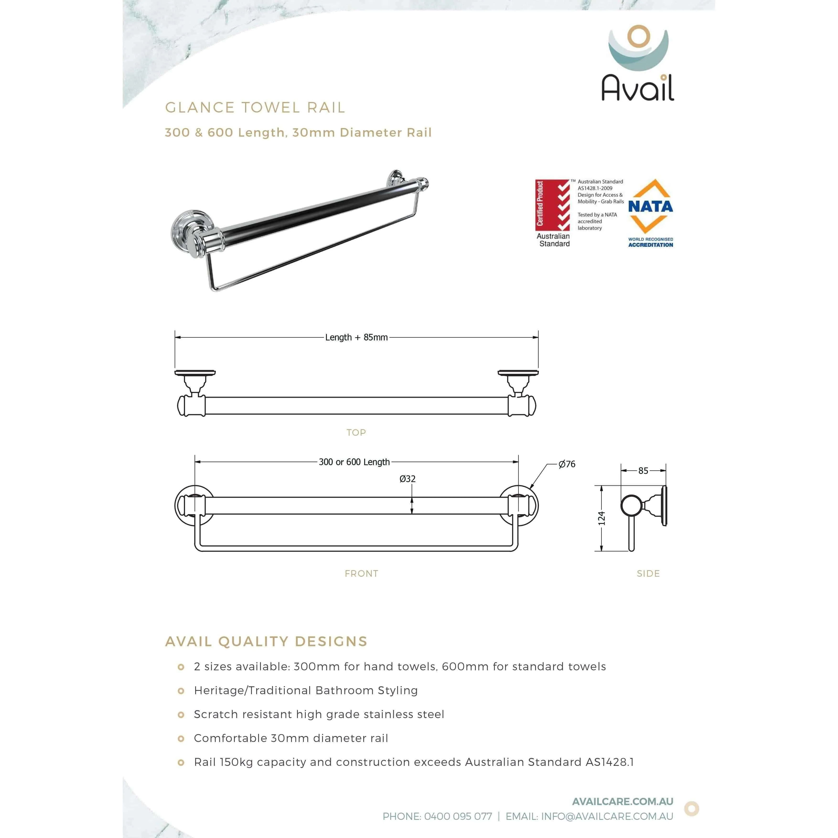 Availcare Glance 600mm Standard Towel Rail Chrome - Image 5