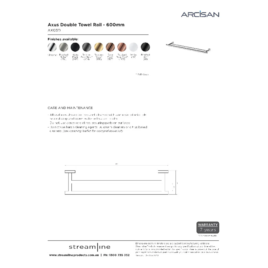 Streamline Axus Double Towel Rail 60cm Brushed Nickel PVD - Image 2