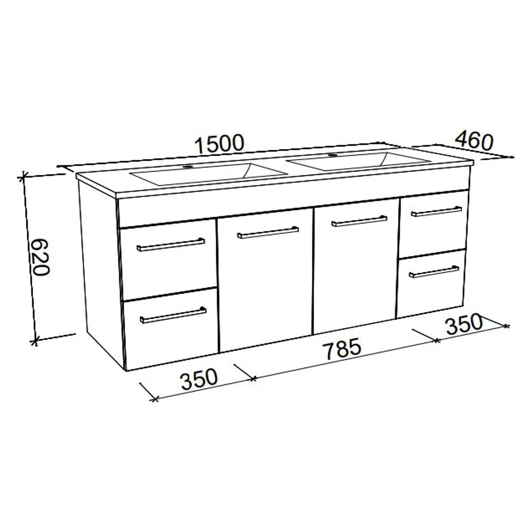 BARGO VANITY 1500MM DOUBLE BOWL REGAL ACRYLIC TOP  WALL HUNG(TIMBERLN P#:B152RW) - Image 2