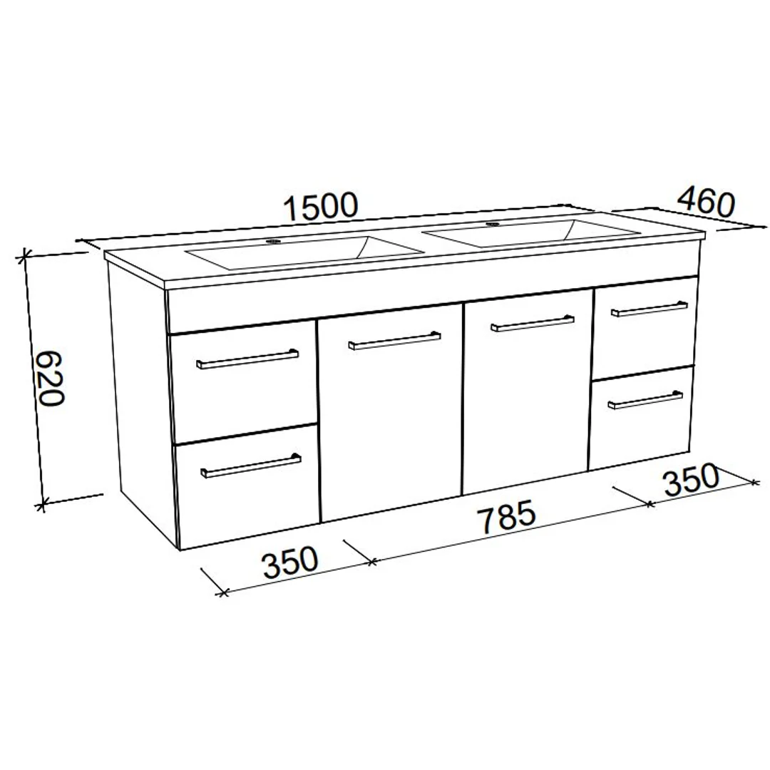BARGO VANITY 1500MM SINGLE BOWL GRAND ACRYLIC TOP WALL HUNG(TIMBERLN P#:B151GW) - Image 2