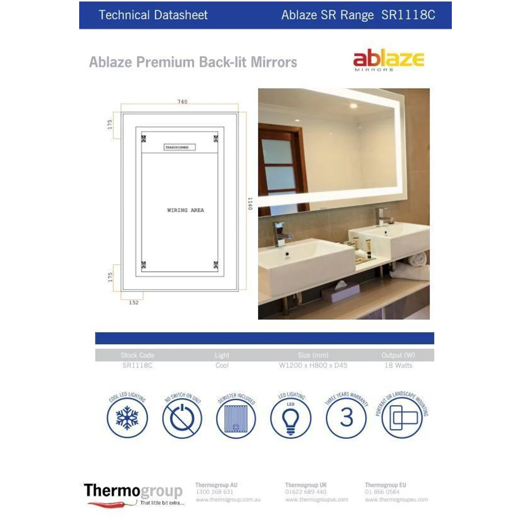Thermogroup Backlit Rectangular Mirror With Border Cool Light Includes Mirror Demister - 1200x800x45mm 66Watts - Image 4
