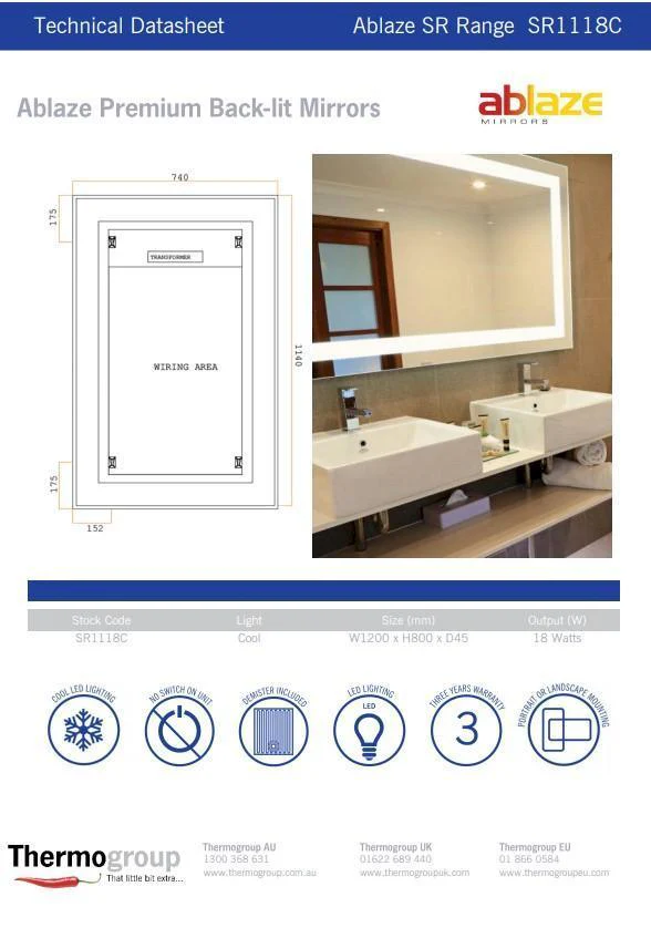 Thermogroup Backlit Rectangular Mirror With Border Cool Light Includes Mirror Demister - 1200x800x45mm 66Watts - Image 6
