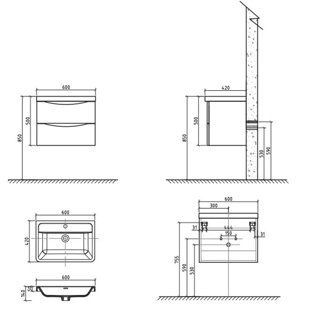 Belbagno Ancona 600mm Wall Hung Vanity Rose Wood 600 X 420 X 450 - Image 3