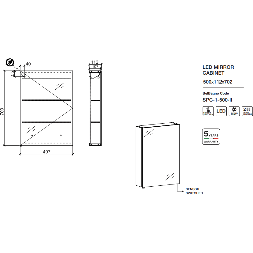 Belbagno Led Shaving Cabinet 500mm Spc-1-500-II - Image 13