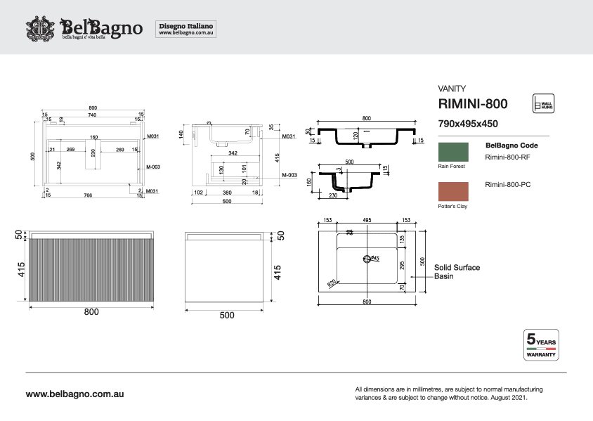 Belbagno Rimini 800mm Wall-Hung Vanity Inc Basin - Image 14