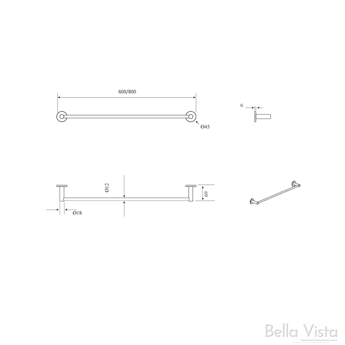 Bella Vista Mica Single Towel Bar 600mm Chrome - Image 3