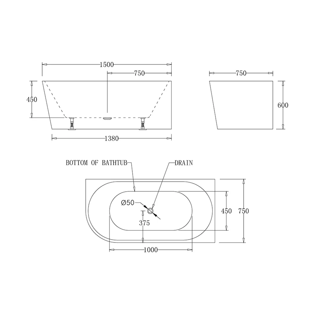 Best BM Right Corner Bathtub 1500mm - Image 3