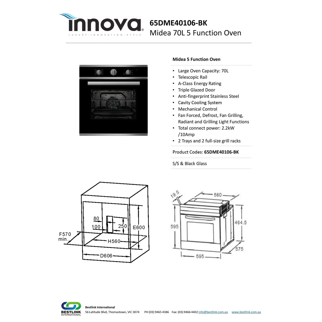 Bestlink Midea 60Cm Fan Forced Oven 5 Function 65Dme40106-Bk - Image 4