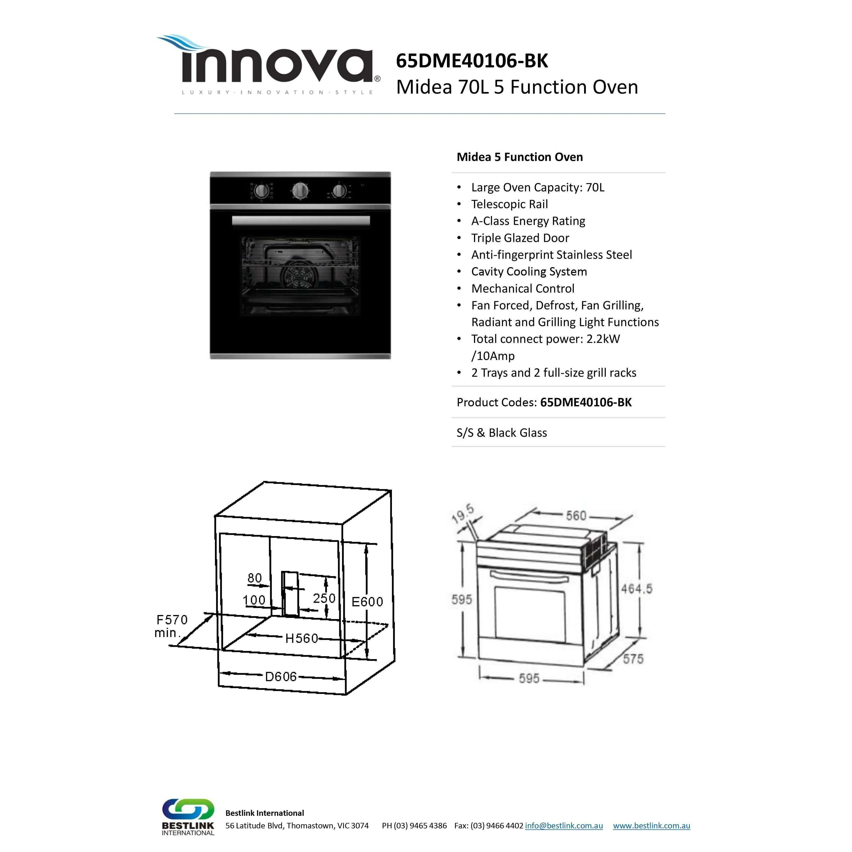 Bestlink Midea 60Cm Fan Forced Oven 5 Function 65Dme40106-Bk - Image 5