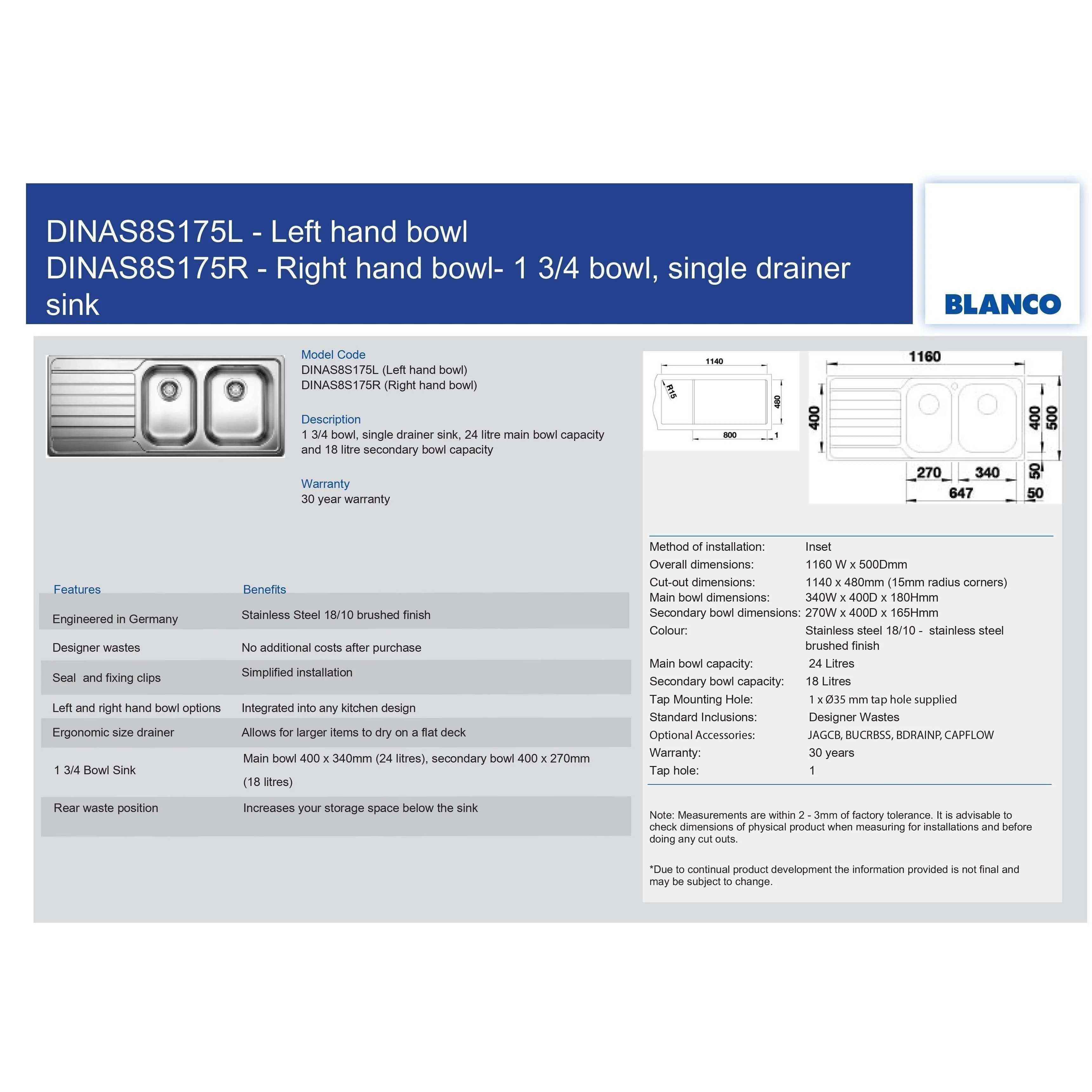 Blanco Dinas 1 3/4 S/S Sink - Left **Dinas8S175L** - Image 3