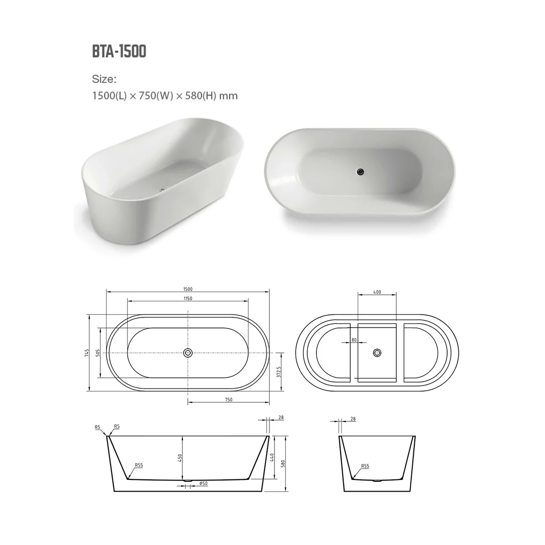 Bnk Naga Freestanding Bath Matt White  1500mm - Image 4