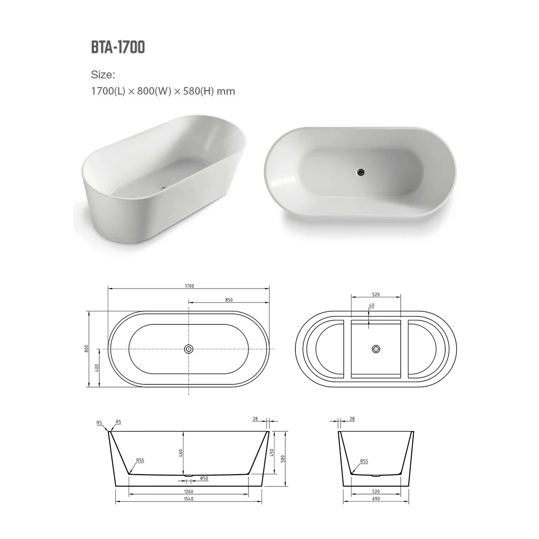 Bnk Naga Freestanding Bath Matt White 1500mm - Image 4